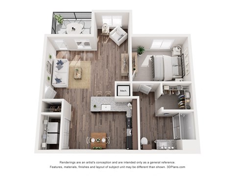 a 1 bedroom floorplan is shown with a wood floor